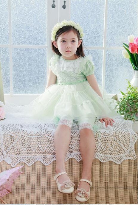 Girls Leggings with Ribbon & Lace- Green