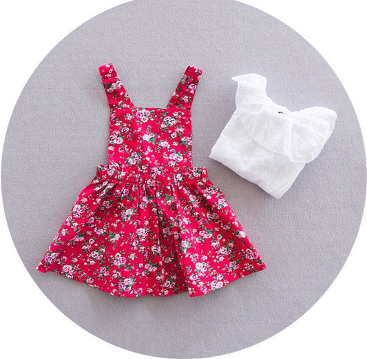 Girls Floral Pattern Red Pinafore Dress Set