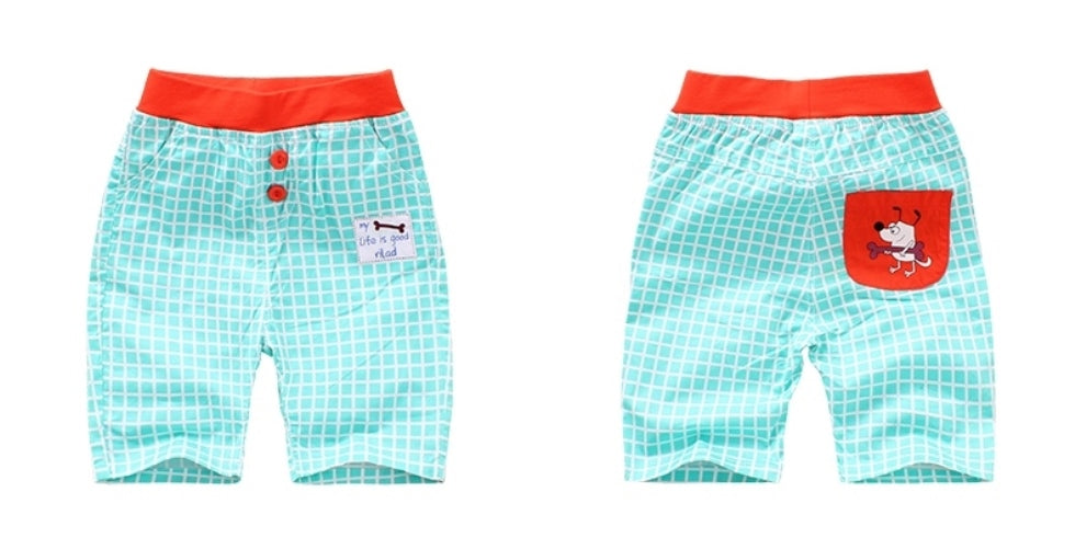 Cyan & White Checked Shorts with Puppy Print