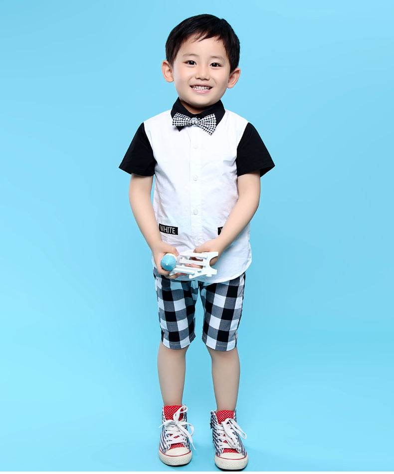 Boy Short Sleeve Bow Tie Two-Tone Shirt, White ( exclude bow tie)