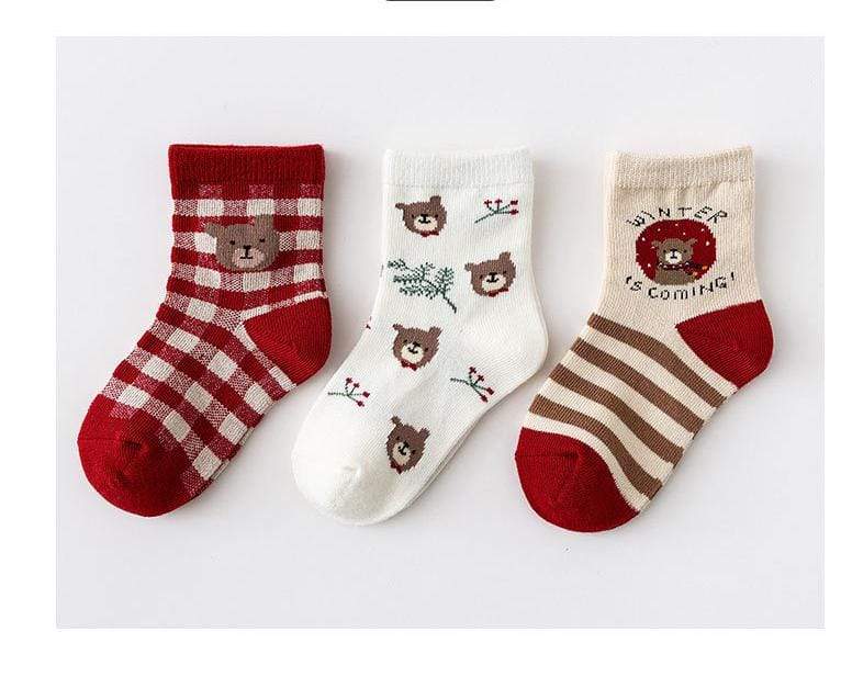 Kids Red Bear Winter Socks - 3 Pair In A Box