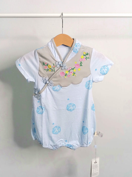 Cotton Floral Embroidery Baby Cheongsam Romper- Blue