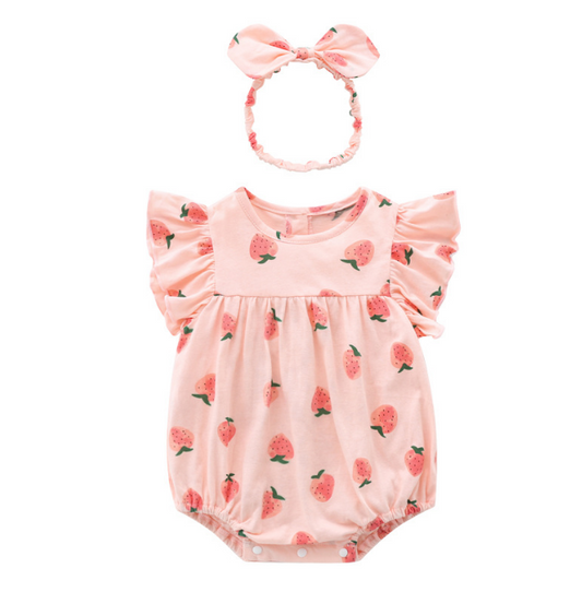 Baby Girl Strawberry Baby Romper with Headband Set - Pink